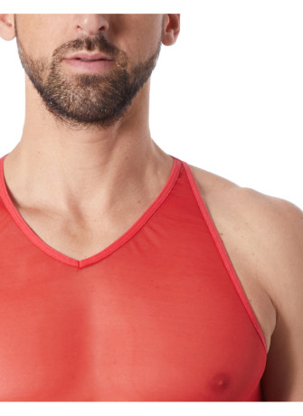 V-shirt rouge fine maille avec transparence - LM92-76RED